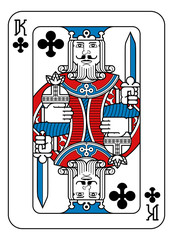A playing card king of Clubs in red, blue and black from a new modern original complete full deck design. Standard poker size.