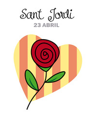 Sant Jordi. Catalonia traditional celebration. Rose with a heart background