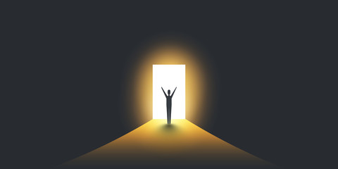 New Possibilities, Hope - Business Finding Solution Vector Concept - Businessman Standing in Dark, Symbol of Light at the End of the Tunnel 