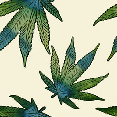 Cannabis leafs seamless pattern. Vector image. Watercolor paper backdrop.