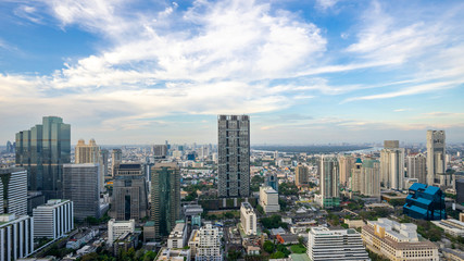 Fototapeta na wymiar Bangkok City - Aerial view Bangkok city urban downtown skyline tower of Thailand on blue sky background , City scape Thailand