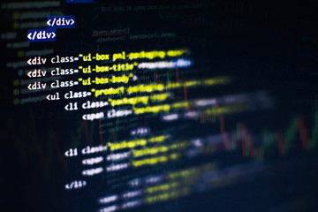 CSS, JavaScript and HTML usage. Monitor closeup of function source code. Abstract IT technology...