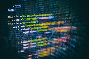 Javascript functions, variables, objects. Project managers work new idea. Future technology creation process.