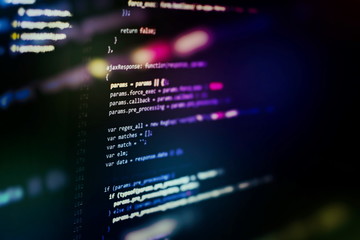 Javascript functions, variables, objects. Project managers work new idea. Future technology creation process.
