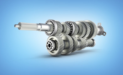 Automotive transmission gearbox Gears inside on blue gradient background 3d render