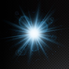 Star burst with sparkles and lens flare isolated on transparent background. Glow blue light effect with glitter. Vector flash beams template.