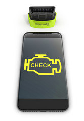 Car diagnostic concept Close up of OBD2 wireless scanner with smartphone on white background 3d illustration