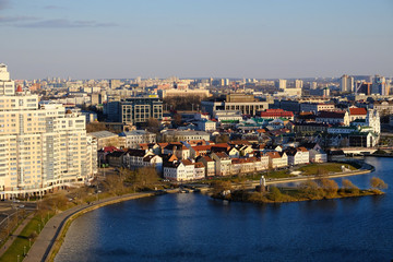 Obraz premium Central Minsk buildings at sunset, Minsk, Belarus