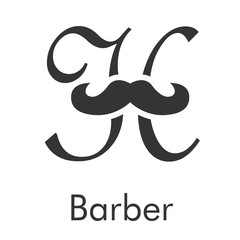 Logotipo con texto Barber con letra H clásica con bigote en color gris