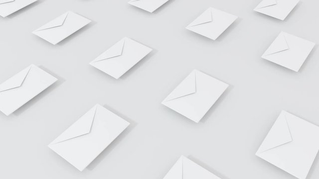 3D render animation of envelopes with flying up and change color. 4k loop footage.