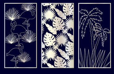 Set of Decorative laser cut panels with monstera, flamingo, palm tree. - 262182815