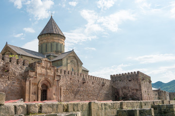 Mtskheta, Georgia - Jul 21 2018: Svetitskhoveli Cathedral in Mtskheta, Mtskheta-Mtianeti, Georgia. It is part of the World Heritage Site - Historical Monuments of Mtskheta.