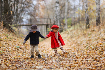 Children walk in autumn forest, kick leaves,