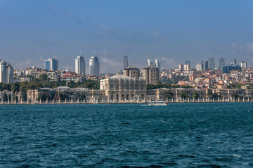 A view from the Bosphorus on the Dolmabahce Palace and Besiktas, Istanbul