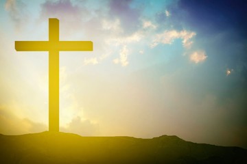 Abstract Wooden Crucifix of Jesus on The Mountain with Light Leak for catholic and Christian Religion Concepts.