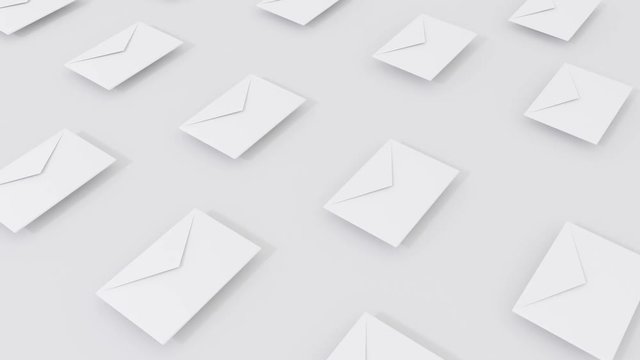 3D render animation of envelopes with flying up and change color. 4k loop footage.