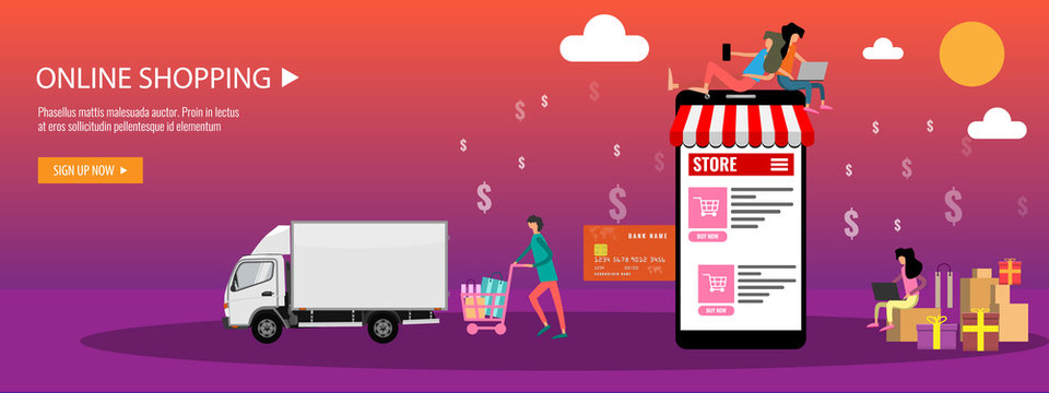 Online shopping or online store concept Landing page template or banner with tiny people and big smartphone. Flat vector illustration.