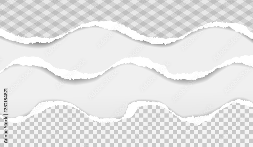 Poster torn squared and white wavy horizontal paper strips with soft shadow. vector illustration background