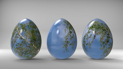 Vintage easter eggs with a sky and young leaves image 3d. Happy easter concept.