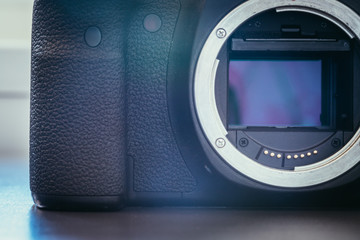 Camera Sensor: close up picture of a professional reflex camera