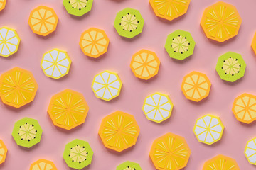 Fruit made of paper. Pink background. There's room for writing. Tropics. Flat lay. Orange, lemon.