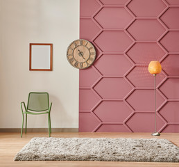 Home interior white and claret red wall background with clock and green metal chair.