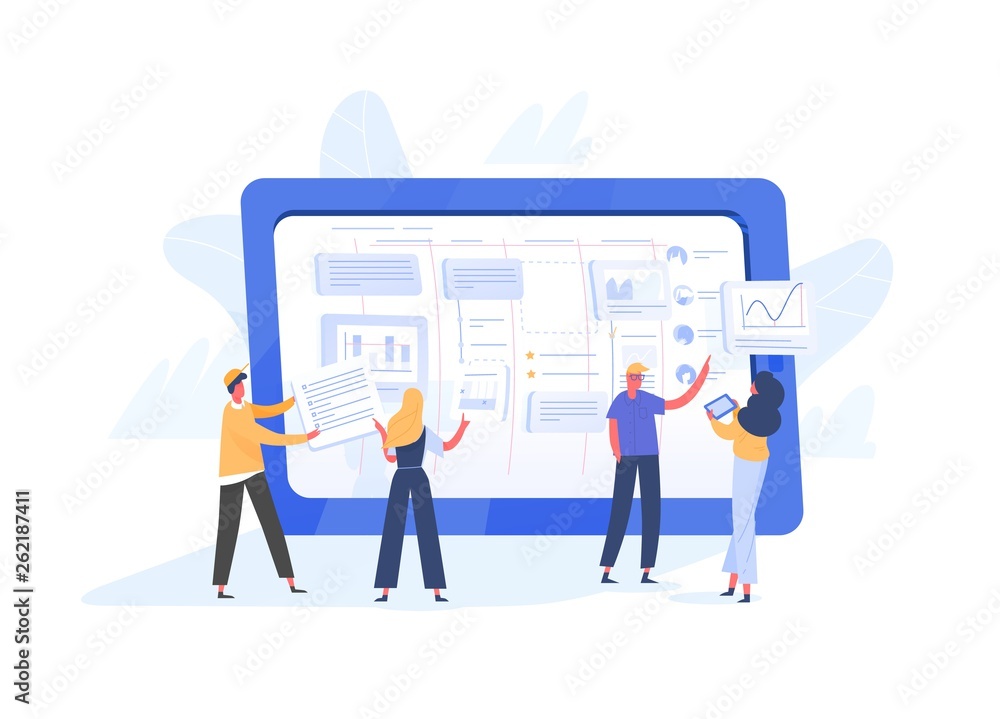 Poster Group of tiny office workers organizing tasks on screen of giant tablet PC. Agile, SCRUM or Kanban method of project management for business work organization. Modern flat vector illustration.