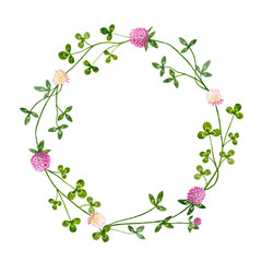Hand drawn botanical watercolor round frame with clover flowers, stems and leaves isolated on white background. 