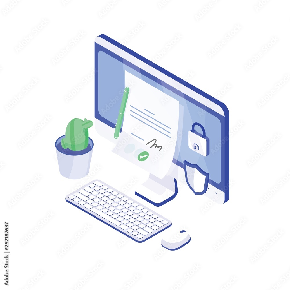 Aufkleber Desktop computer, paper document with signature on it, lock and shield. Electronic signature or e-signature, authenticity confirmation. Secure, safe technology. Modern isometric vector illustration.