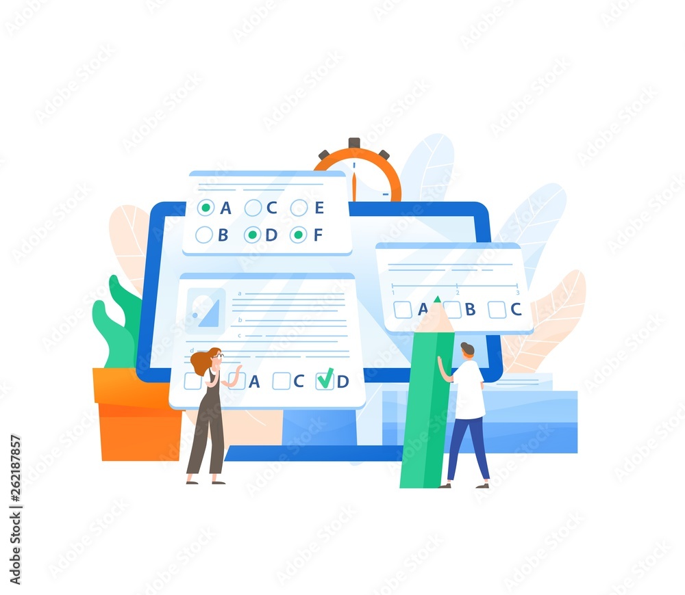 Poster giant computer and tiny male and female students passing internet test and filling in form. online e
