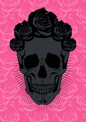 Black Skull and Roses. Vector Illustration 
