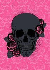 Black Skull and Roses. Vector Illustration 