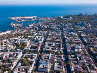 Obraz premium Beautiful panoramic view of the sea and part of the city of Odessa on a summer day. Aerial view from the drone