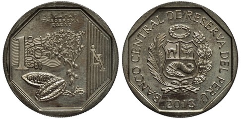 Peru Peruvian coin 1 one sol 2013, subject Cocoa, cocoa plant and beans, arms, shield with lama,...