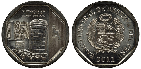 Peru Peruvian coin 1 one sol 2011, subject Chullpas of pre-Incan cemetery Sillustani on shores of...