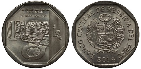 Peru Peruvian coin 1 one sol 2014, subject Caral-Chupacigarro the sacred city of Norte Chico...