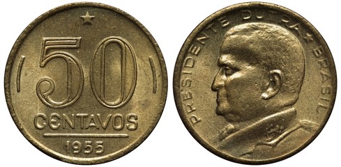 Brazil Brazilian coin 50 fifty centavos 1955, denomination and date, bust of President Dutra left,