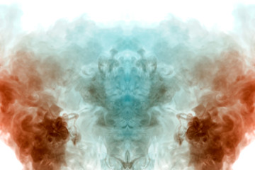 Mystical pattern of orange and blue colored smoke in the shape of a ghost's face with big eyes and an open mouth creating a feeling of fear on a white isolated background from a horror movie.