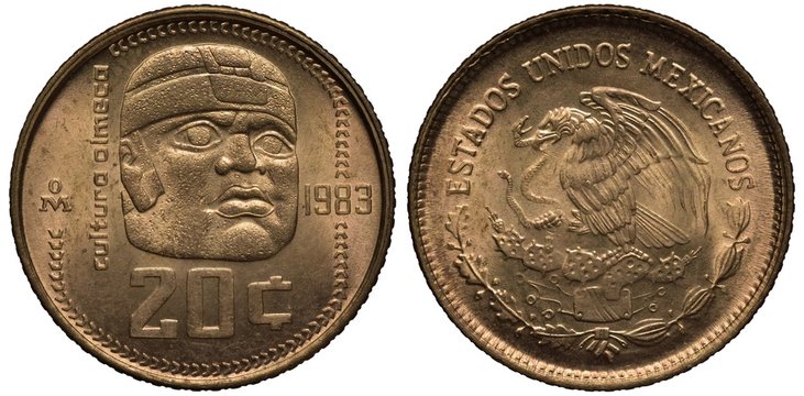 Mexico Mexican coin 20 twenty centavos 1983, subject Olmecs culture, stone head, eagle on cactus catching snake,