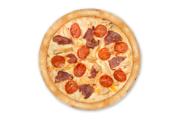 Pizza with pepperoni and ham isolated on white background. Top view
