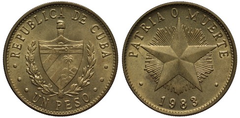 Cuba Cuban coin 1 one peso 1983, shield with designs in front of fascine flanked by sprigs, liberty...