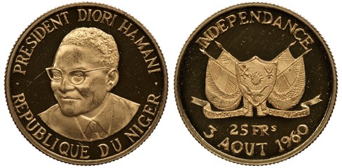 Republic of Niger golden coin 25 twenty five francs 1960, subject 1st Anniversary of independence,...