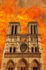 Composition of the fire in French Gothic architecture of Notre Dame cathedral of Paris, France in...