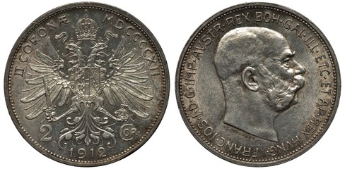 Austria Austrian Austro-Hungarian Empire silver coin 2 two corona 1912, crowned double-headed eagle...