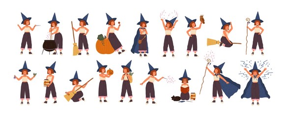 Collection of cute little witch in hat flying on broom, making magic potion in pot, reading books. Set with girl practicing witchcraft isolated on white background. Flat cartoon vector illustration. - obrazy, fototapety, plakaty