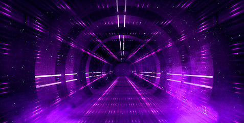Obraz premium Light tunnel, dark long corridor with neon lamps. Abstract purple background with smoke and neon lights. Concrete floor, symmetrical reflection and mirroring. 3D illustration.