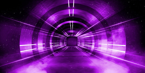  Light tunnel, dark long corridor with neon lamps. Abstract purple background with smoke and neon lights. Concrete floor, symmetrical reflection and mirroring. 3D illustration.