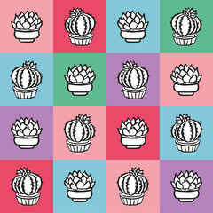 Cactus Vector Seamless pattern. Nature. Hand drawn doodle cacti. Desert Floral background. Black and white succulents print on colored squares