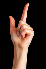Woman hand with the index finger pointing up