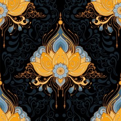 indian lotus flower vector seamless-pattern mehndi henna tattoo style yoga meditation or zen decoration background with yellow brown and blur tone